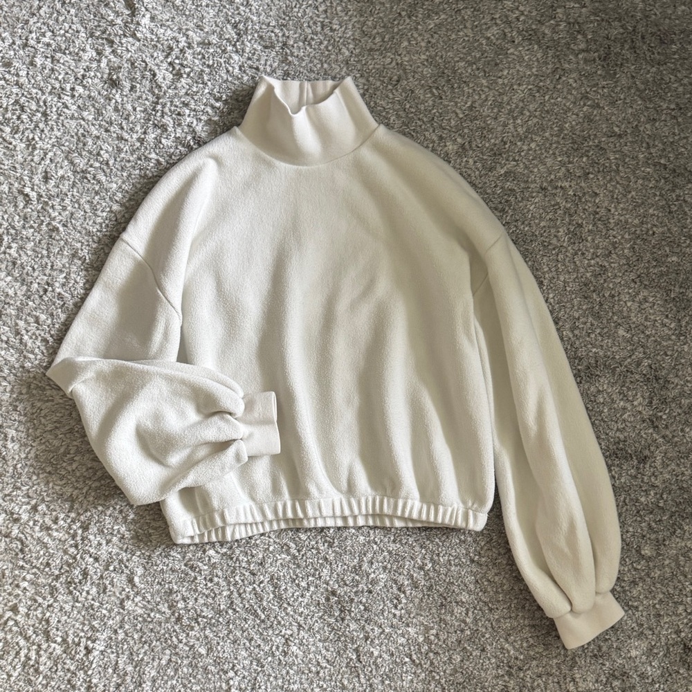 OAK + FORT Cream Cowl Turtleneck Sweater with Balloon Sleeves